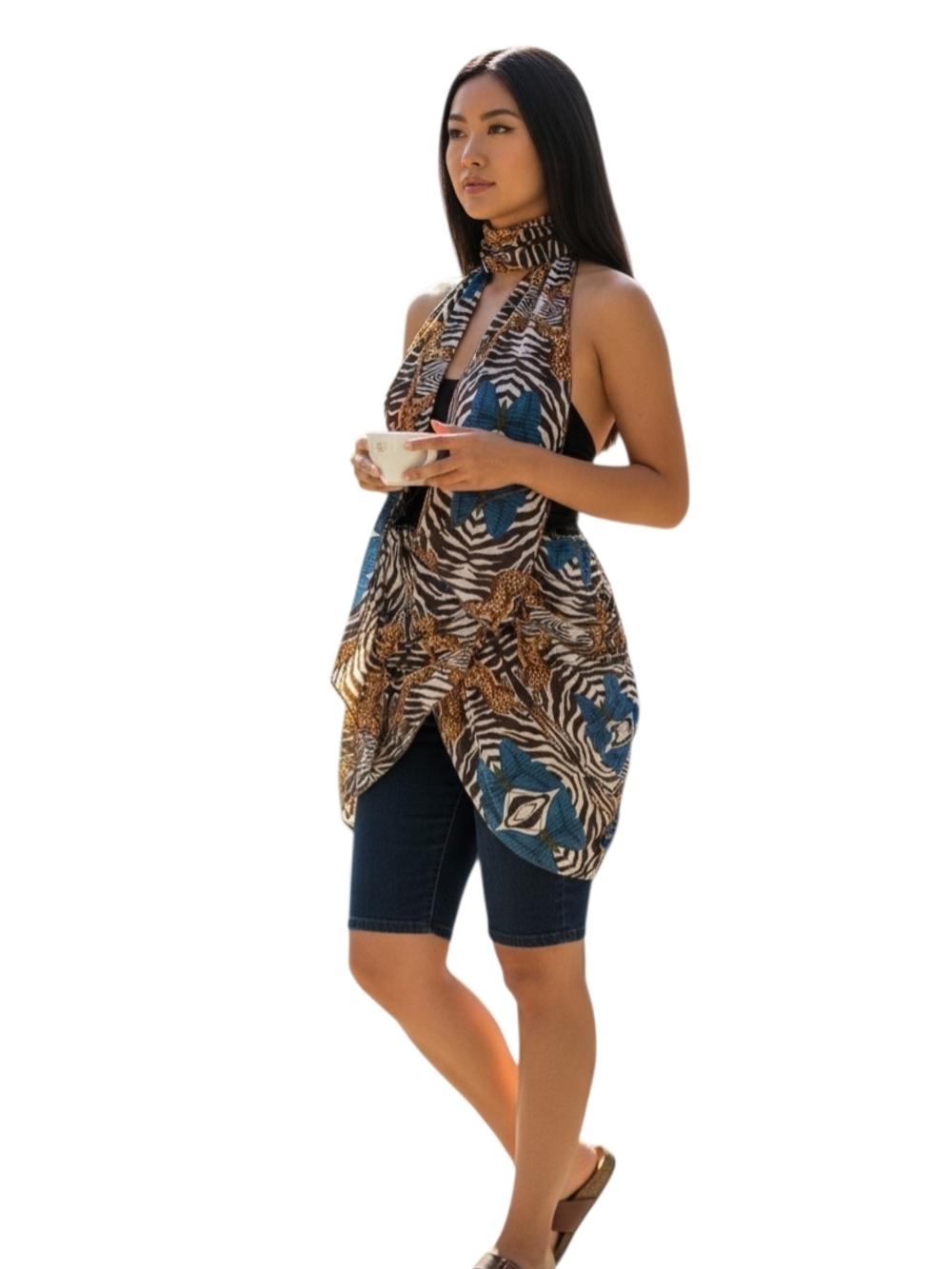 Sleeveless Animal Print Halter Tunic dress or top in Blue & Brown